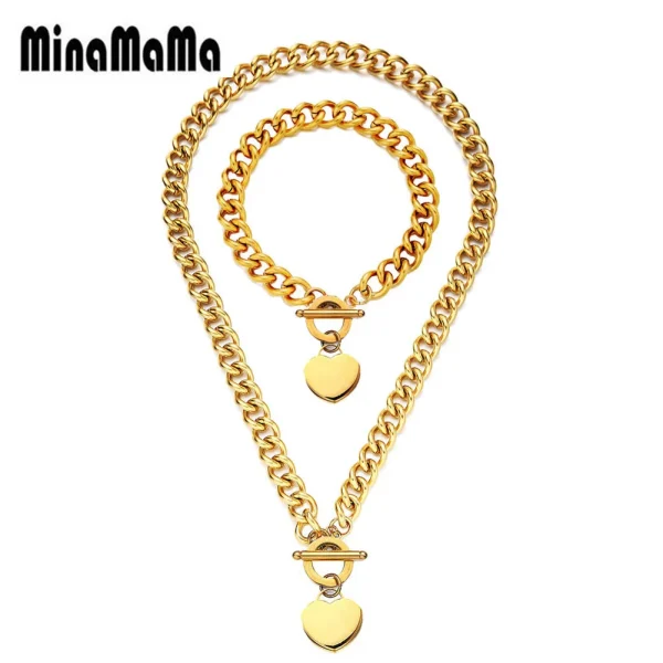 New Stainless Steel Chunky Chain Heart Jewelry Sets Woman's Toggle Chain Heart Bracelet Necklace Sets
