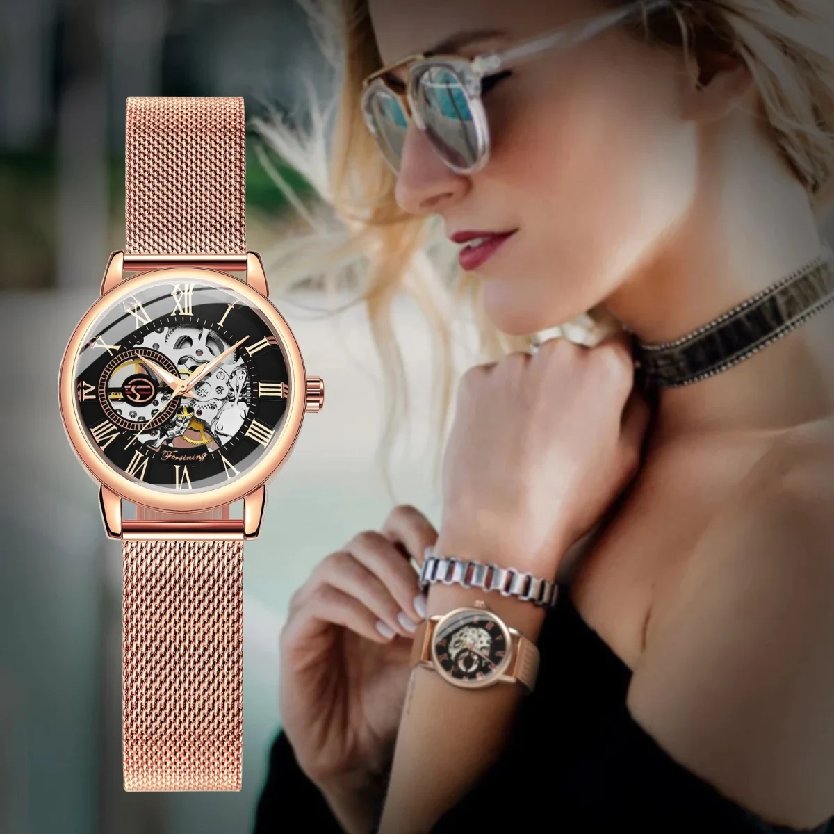 kf-S26b9403199da4296b3c8c702b64db82eZ Forsining 99 Fashion Elegant Skeleton Watch for Women New Luxury Factory Mechanical Wristwatches Rose Golden Lady Watches - Image 1