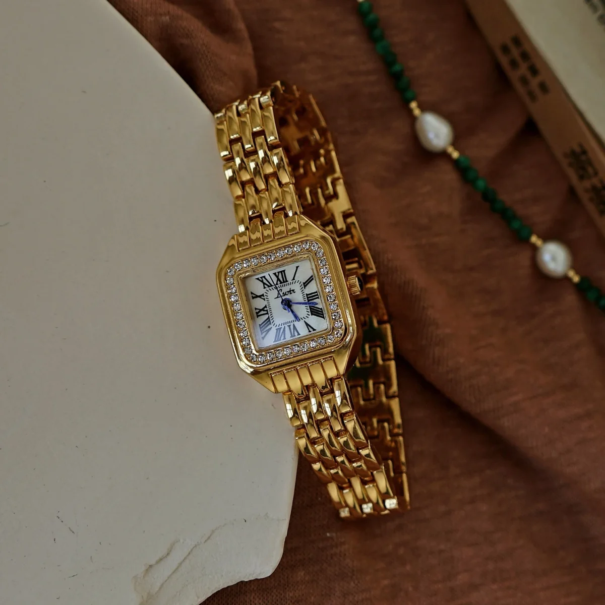 1pc New Arrival Gold-Tone Square Dial Women's Waterproof Watch With Inlaid Rhinestone, Elegant & Simple Style, watch for women - Image 2