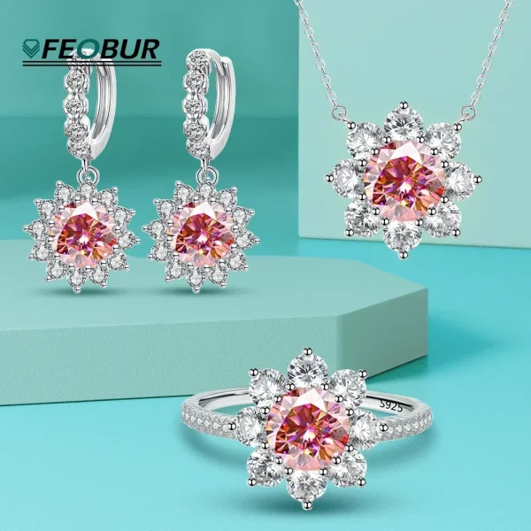 4ct Sunflower Moissanite Diamond Necklace Earrings Set for Women 925 Sterling Silver Red Gemstone Ring Jewelry Sets Wedding Gift