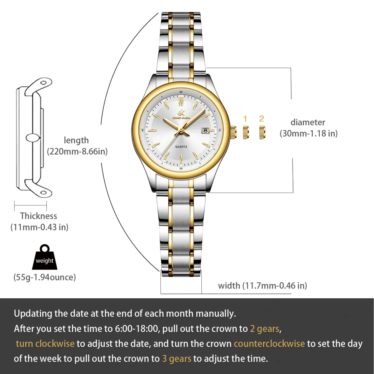 ERNIE KLEIN Women’s Watch Luxury Gold Watch OriginalDate Week Stainless Steel Waterproof Luminous Elegant Dress Ladies' Watches - Image 6