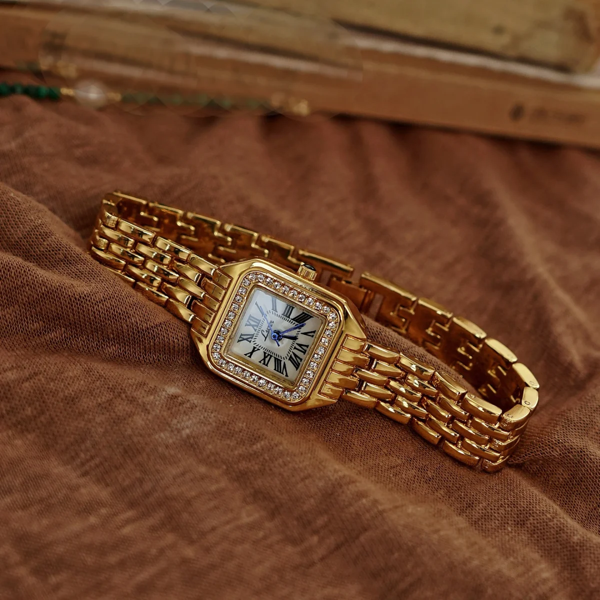 kf-S8bd9c6d7f749442e81d545a805e5f387J 1pc New Arrival Gold-Tone Square Dial Women's Waterproof Watch With Inlaid Rhinestone, Elegant & Simple Style, watch for women - Image 1