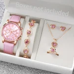 5/6PCS Fashion Women's Quartz Watch Leather Band Analog Wrist Watches Heart Rhinestone Jewelry Set(Without Box)