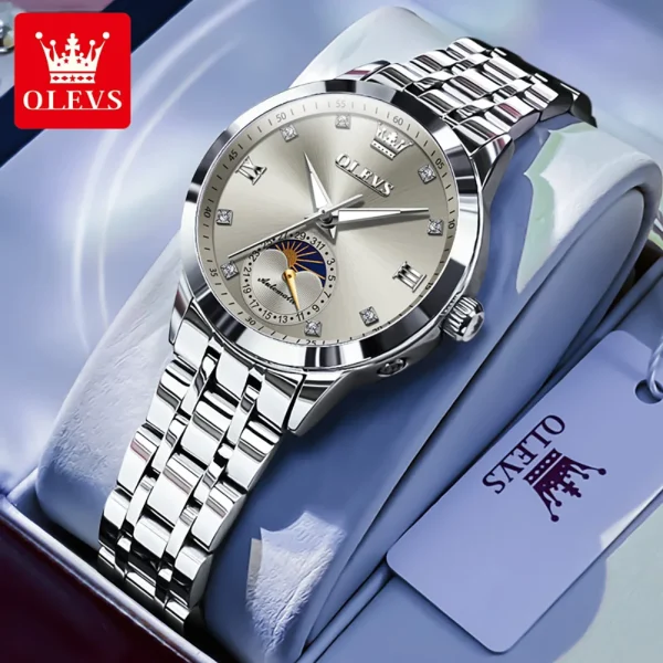 OLEVS Fashion Date Women's Watches Moon Phase 30m Waterproof Automatic Mechanical Watch for Lady Stainless Steel Brand Luminous