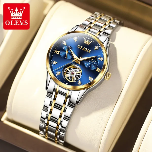 OLEVS 6608 Womens Watch Automatic Mechanical Business Wristwatch Waterproof Stainless Steel Watch for Women Skeleton Calendar
